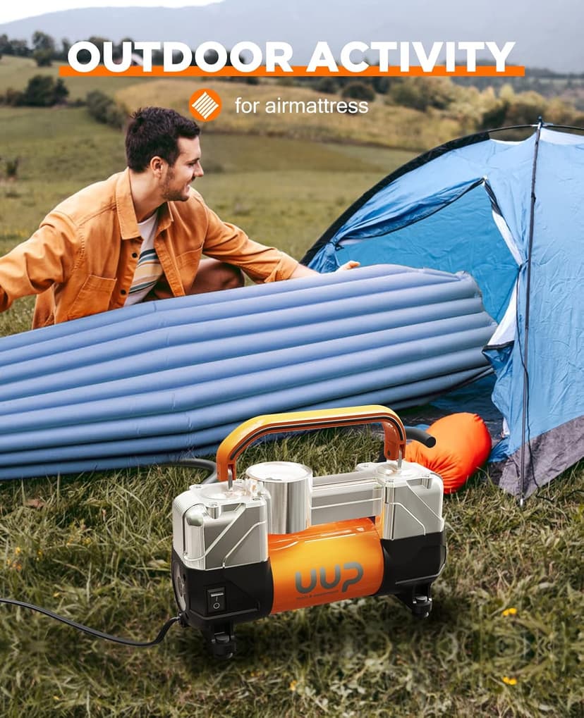 Tire Inflator Air Compressor, 150PSI 12V DC Double Cylinders Heavy Duty Portable Air Pump w/Emergency LED Light for Truck, SUV, Car, RV