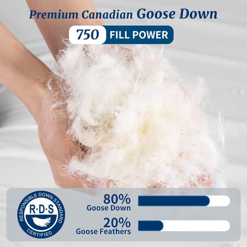Canadian Luxury Goose Down Pillow Standard Size, 750 Fill Power, 100% Cotton with Teflon Shell- Ultra Comfort Sleep Pillows - Bed Pillows for Back, Stomach(White,Standard(Pack of 1))