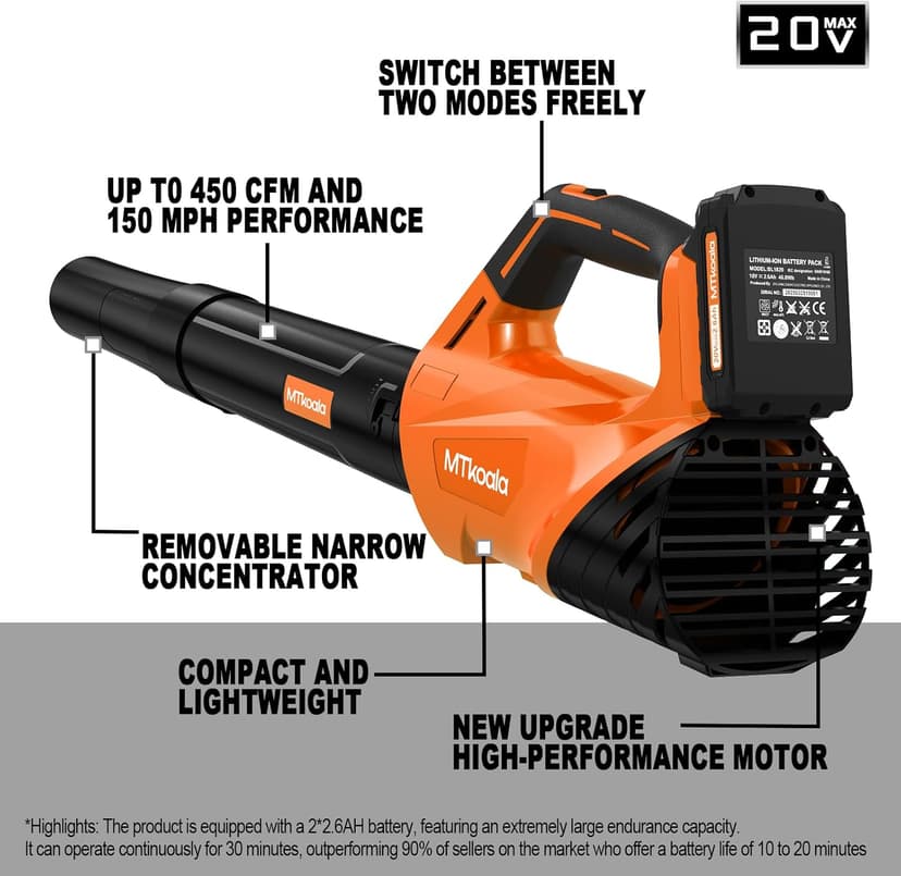 2025 Upgrade Leaf Blower, Leaf Blower Cordless with 2*2.6AH Batteries and Fast Charger, 450CFM &150MPH and 2 Speed Mode, Lightweight Electric Leaf Blowers for Lawn,Yard, Leaves, Dust,Snow Care(Orange)