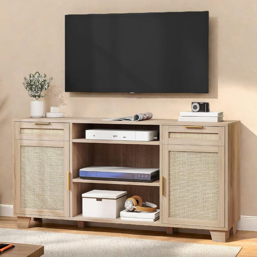 YITAHOME Rattan TV Stand for up to 65 Inch TVs, Boho Entertainment Center with Storage, TV Media Console with Drawers, Adjustable Shelves for Living Room (Natural Oak)