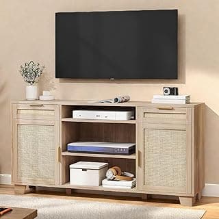 YITAHOME Rattan TV Stand for up to 65 Inch TVs, Boho Entertainment Center with Storage, TV Media Console with Drawers, Adjustable Shelves for Living Room (Natural Oak)
