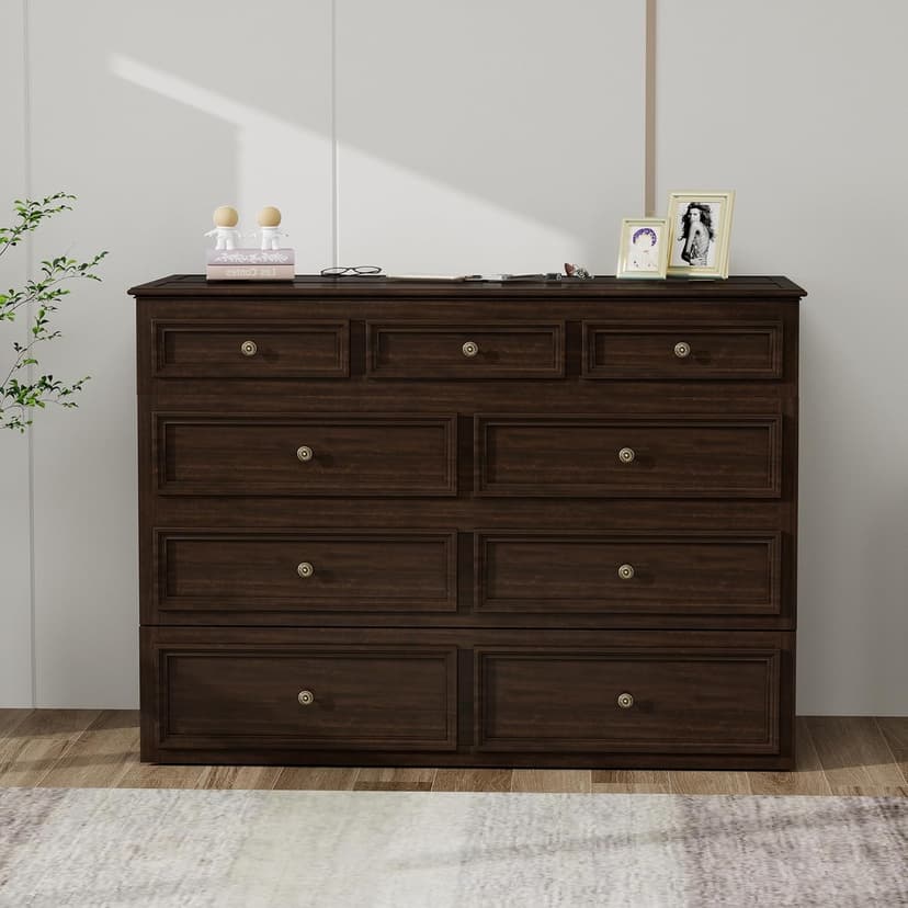 Murphy Bed Cabinet Full with Tri-Folding Mattress, Solid Wood Murphy Bed with 2 USB & 2 Charging Ports, Large Storage Drawer for Home Office or Small Space, Ebony Wood Color
