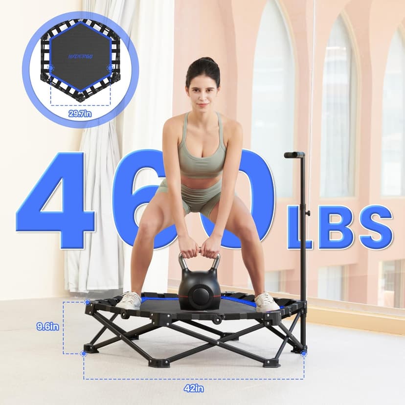 Foldable Mini Trampoline, Rebounder Trampoline with Adjustable Foam Handle, Fitness Trampoline for Indoor, Outdoor, Home Gym, Max Load 460lbs