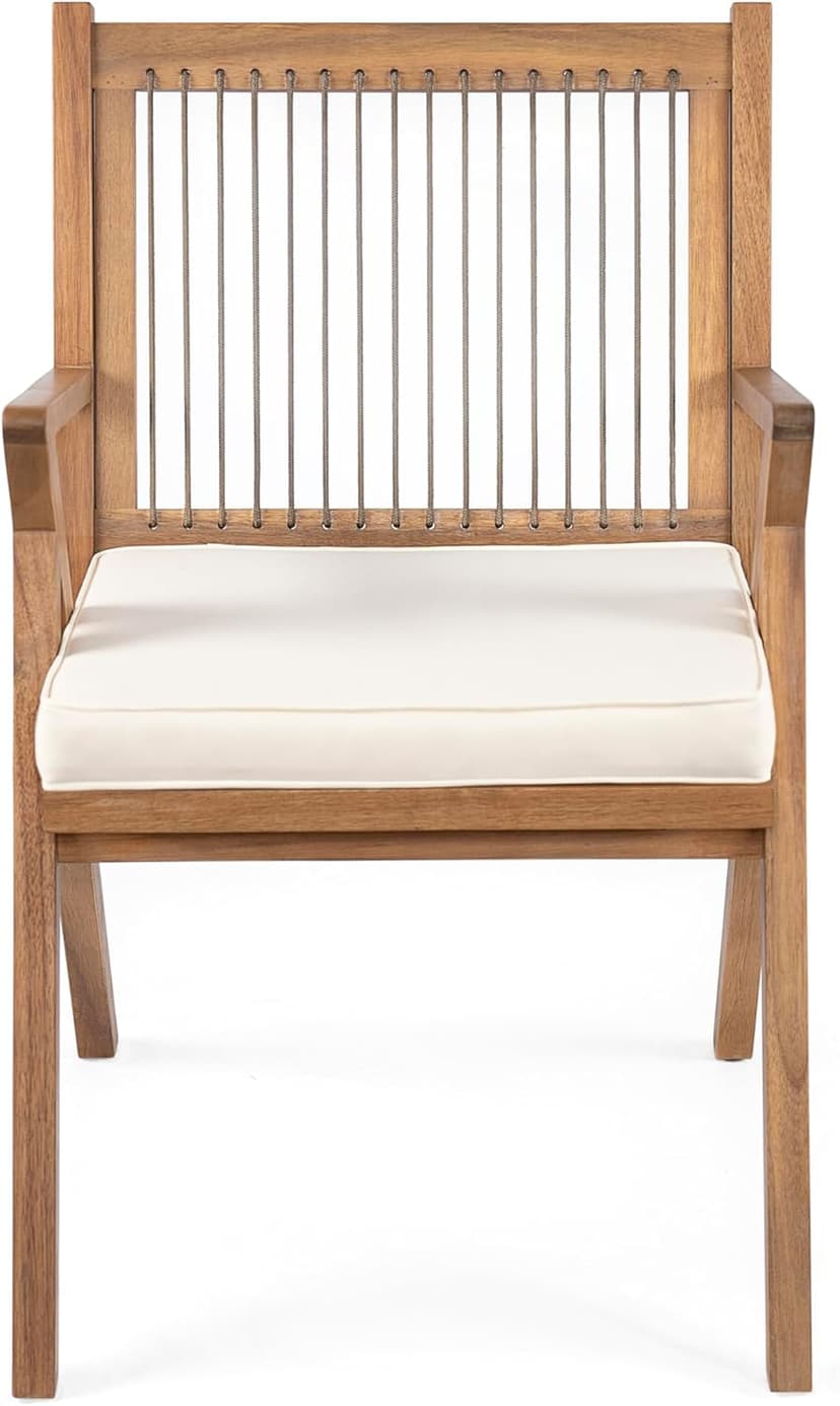 Christopher Knight Home Becker Outdoor Dining Chairs Set of 2 with Cushion, Acacia Wood Dining Room Armchair Set, Garden Chair Set with Handwoven Accent, Patio Dinners Comfy Extra Seat, Cream + Teak