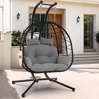 ZENPETIO Double Egg Chair with Stand, 2 Person Swing Egg Chair, Rattan Wicker Swing Chair with UV Resistant Cushion and Pillow, for Indoor Outdoor Bedroom Patio Hanging, Black