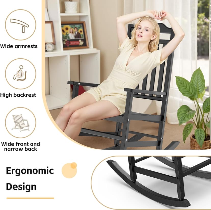 Patio Rocking Chair Outdoor Set of 2,Weather Resistant Poly Resin Oversized Porch Rocker,High Back Smooth Design,350lb Weight Capacity,Indoor Outdoor Use(2,Black)