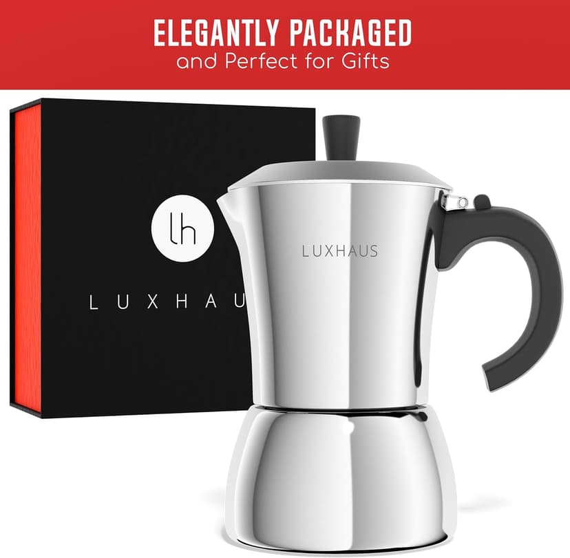 LuxHaus Moka Pot - 3 Cup Stovetop Espresso Maker - 100% Stainless Steel Italian and Cuban Mocha Coffee Maker