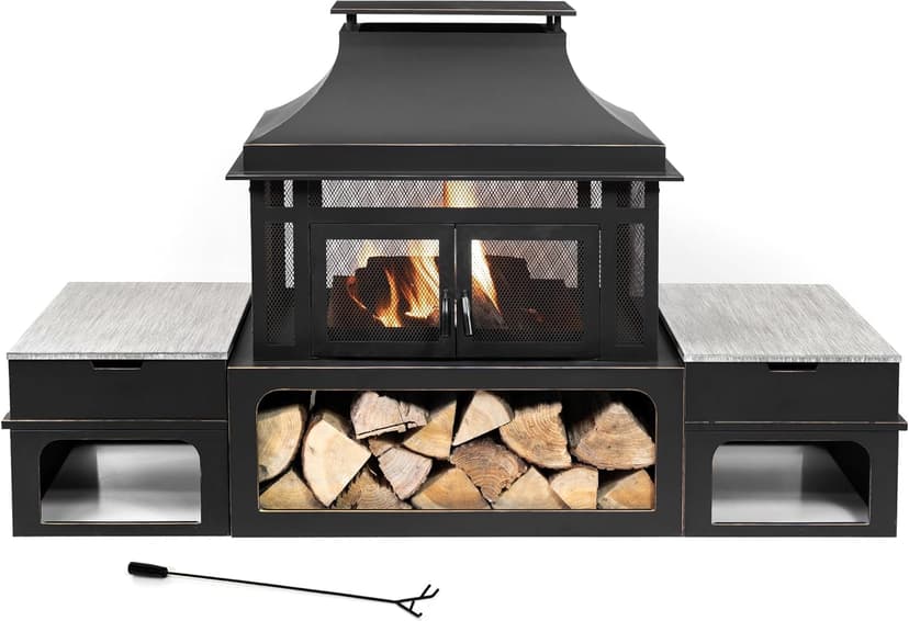 Rimasco 80-Inch Metal Wood Burner Fireplace with Side Storage Tables - Wood Burning Fire Pit for Home - Smokeless Patio Fire Pit - Outdoor