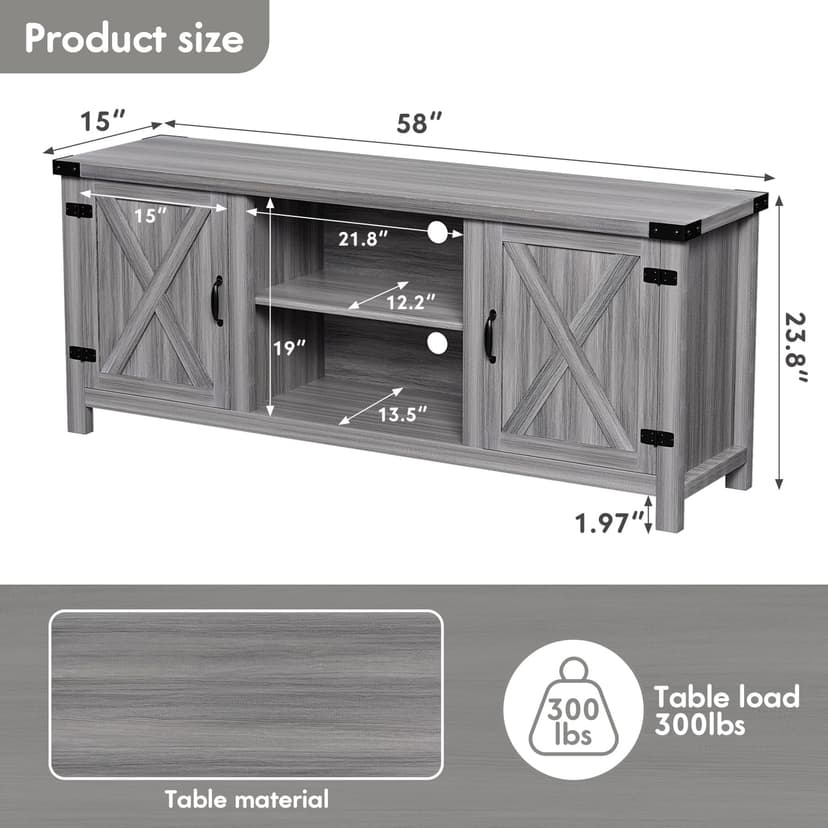 YESHOMY Modern Farmhouse TV Stand with Two Barn Doors and Storage Cabinets for Televisions up to 65+ Inch, Entertainment Center Console Table, Media Furniture for Living Room, 58 Inch, Gray Wash