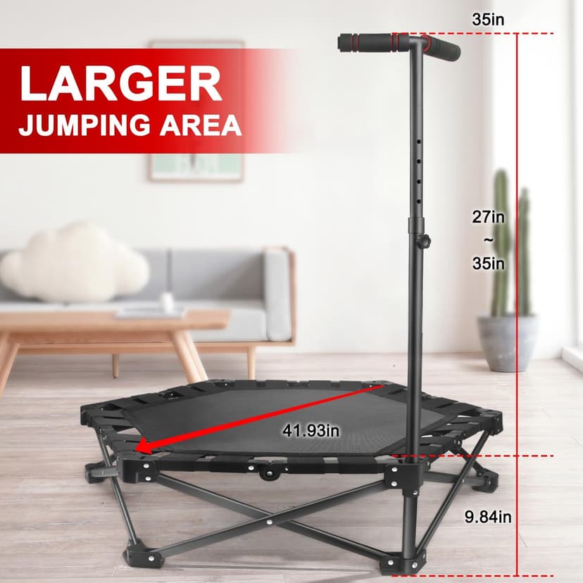 Foldable Mini Trampoline — One-Step Fold & Open, 42" Rebounder Trampoline for Adults & Kids, 450lbs Max Load, Adjustable T-Bar, Indoor & Outdoor Workout
