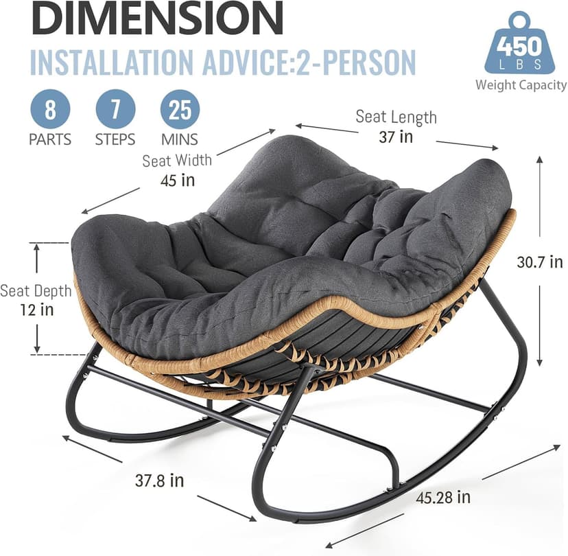 SWITTE Outdoor Rocking Chair, Oversized Patio Papasan Rocker, Comfy Wicker Reading Lounge, Indoor Egg Chair for Bedroom, Living Room, Porch, Garden, Lawn-Dark Grey