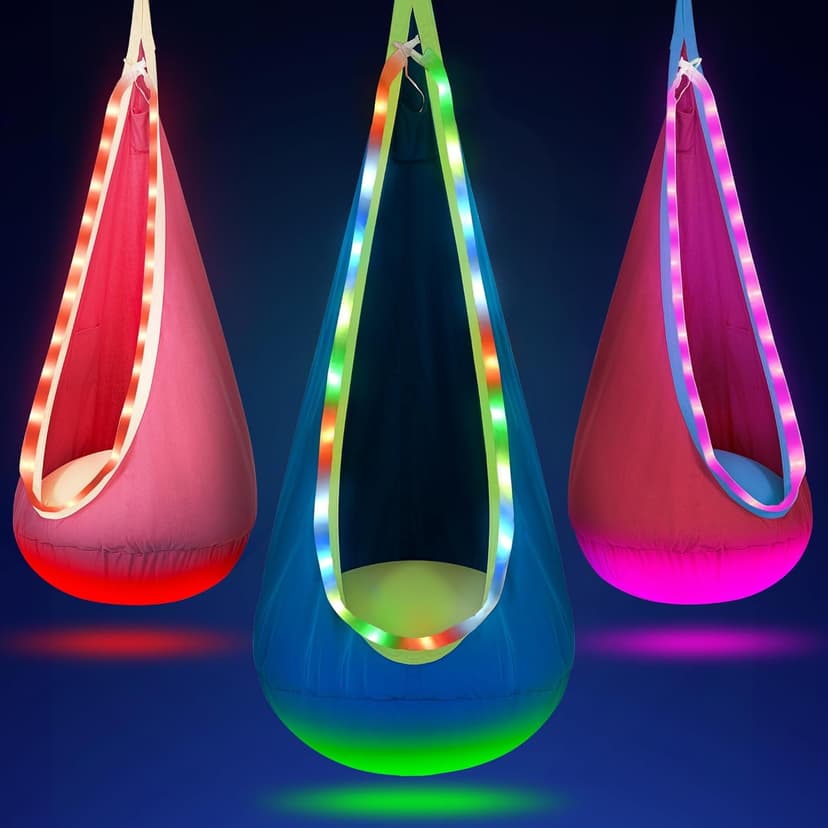 OUTREE Light Up Pod Swing Seat, Sensory Swing with LED Light, Cotton Kids Chair for Indoor and Outdoor, Hammock Chair Easy to Install, Blue