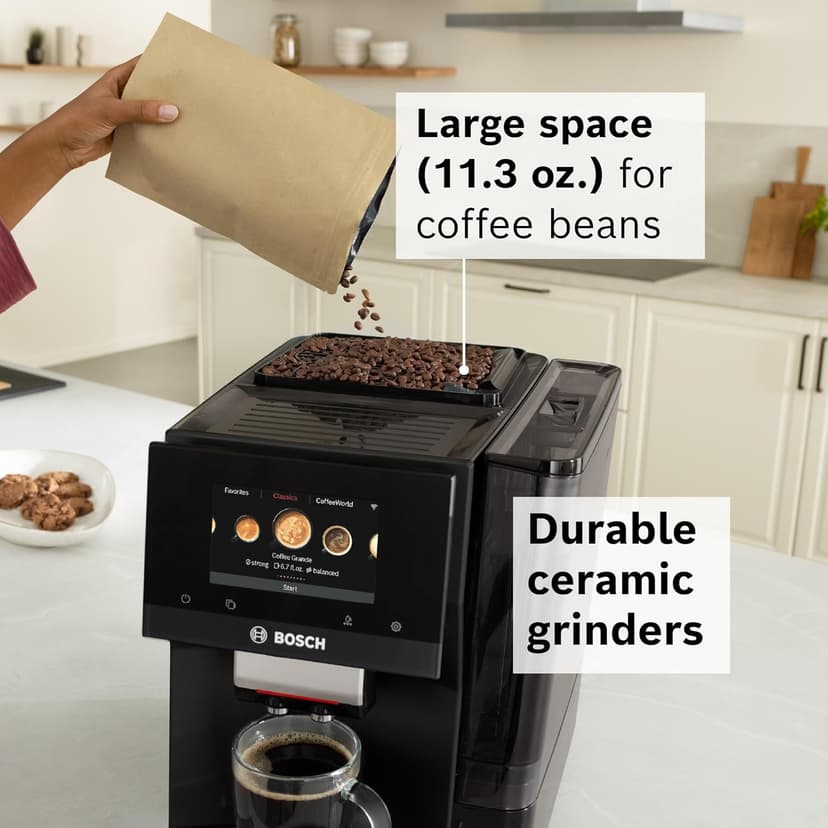 Bosch 800 Series Fully Automatic Espresso Machine – 35 Drinks, Cold Brew, Double Cup, Milk Hose, Ceramic Grinder, Smart Features, in Black
