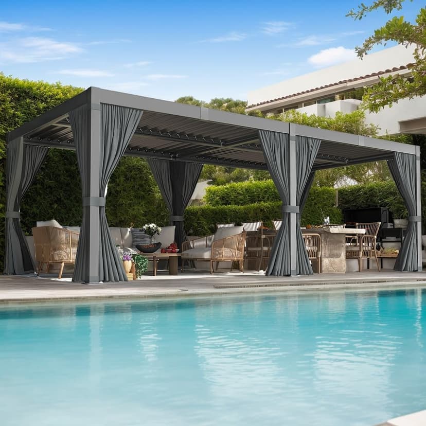 Pergola 10x20 Ft Louvered Pergola Aluminum Outdoor Pergolas W/Adjustable Roof, Waterproof Curtains and Nets Outdoor Gazebo for Deck,Patio,Backyard and Garden