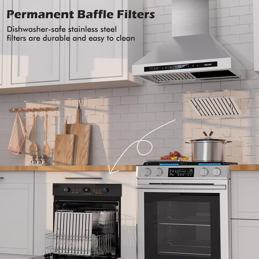 Wall Mount Range Hood 30 inch，900 CFM Kitchen Hood with Voice/Gesture/Touch Control，Vent Hood in Stainless Steel With Ducted/Ductless Convertible, 4 Speed Exhaust Fan