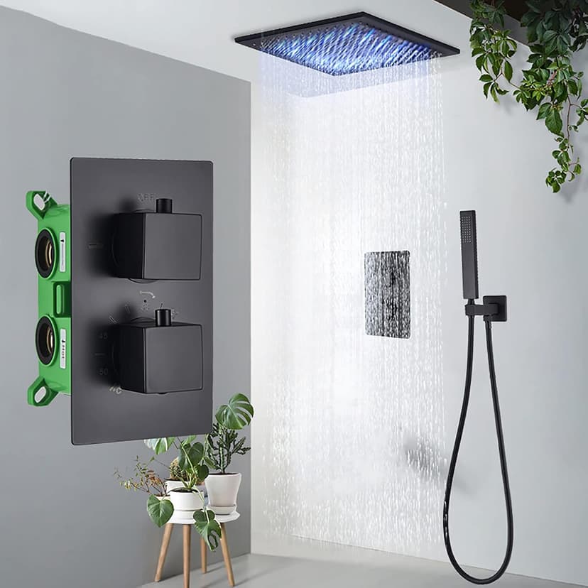 Shower Kits, Thermostatic Shower System LED 20"" Square Rainfall Shower Head System with Handheld Combo Set, Embedded Installation Black Shower Faucet Set Complete, (2 S?tt A)