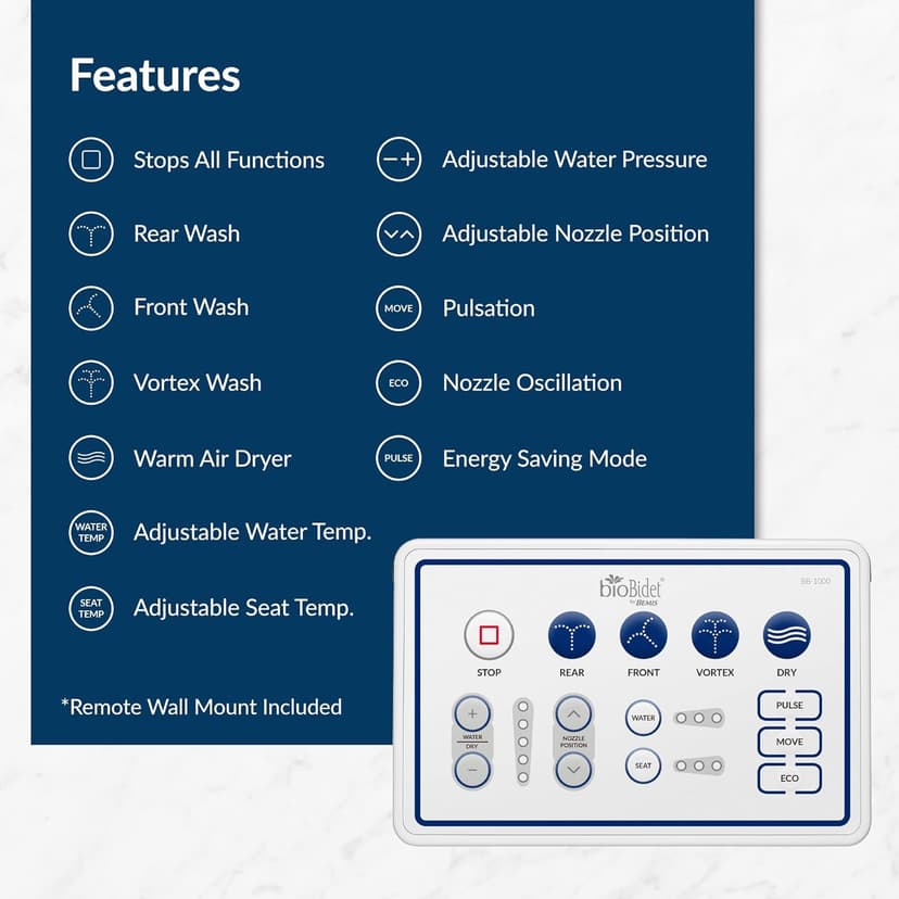 Bio Bidet BB1000 Electric Bidet Toilet Seat, Warm Water with Air Dryer, Heated Seat with Slow Close Lid, Remote Control, Elongated White