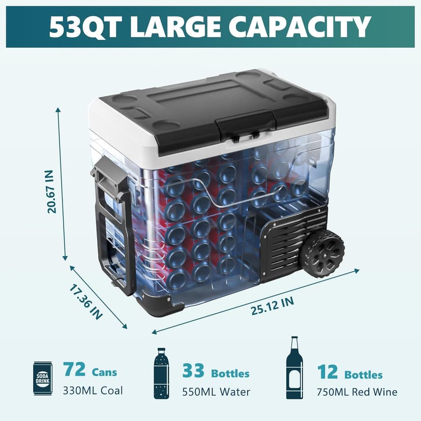EUHOMY 12 Volt Refrigerator, 53QT(50L) Electric Cooler, Portable Freezer 12V/24V DC 110-240V AC, 12V Fridge -4℉~68℉, 12V Cooler with Wheels & 2 Baskets for Travel, Truck, Boat, Camping
