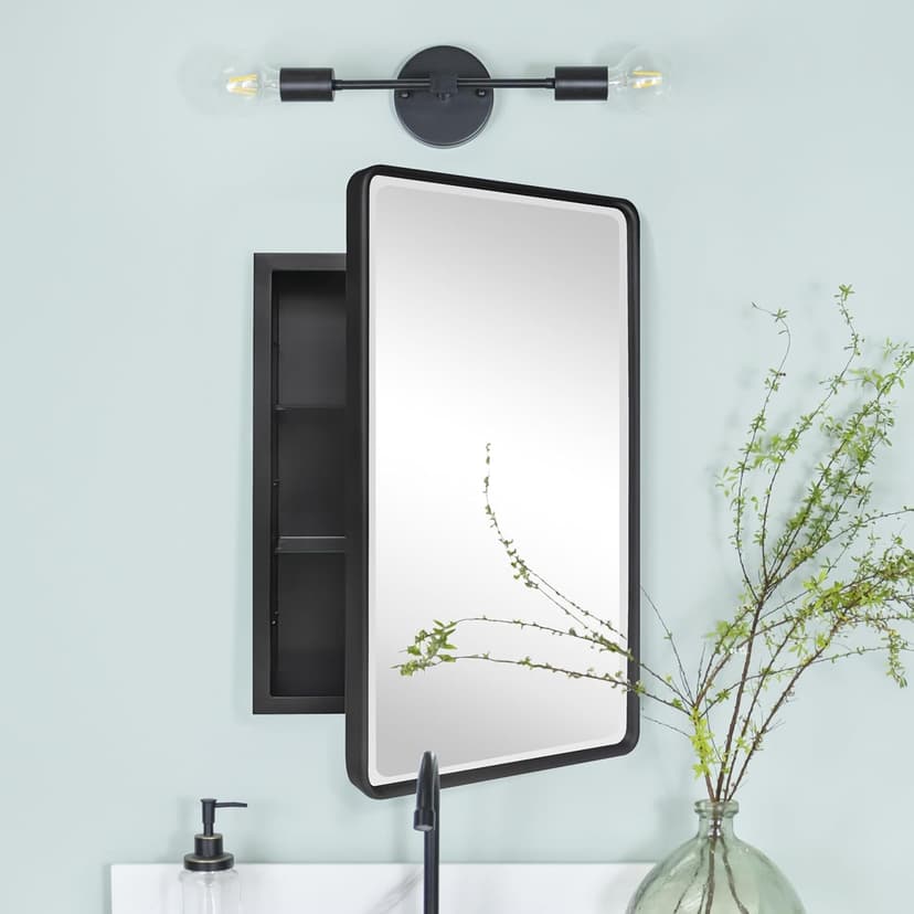 TEHOME Farmhouse Black Metal Framed Recessed Bathroom Medicine Cabinet with Beveled Mirror Rounded Rectangle Bathroom Medicine Cabinet 16x24 inch