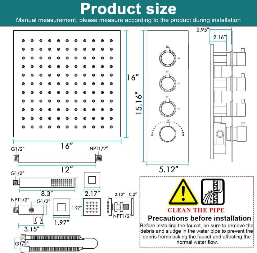 HOMEDEC Black Full Shower Jets System, Ceiling Rain 16" LED Shower Faucet Set with 6 Pcs Body Sprays and Brass 3 Ways Thermostatic Valve, Can Use All At Once, 3/4inch Inlet Large Flow