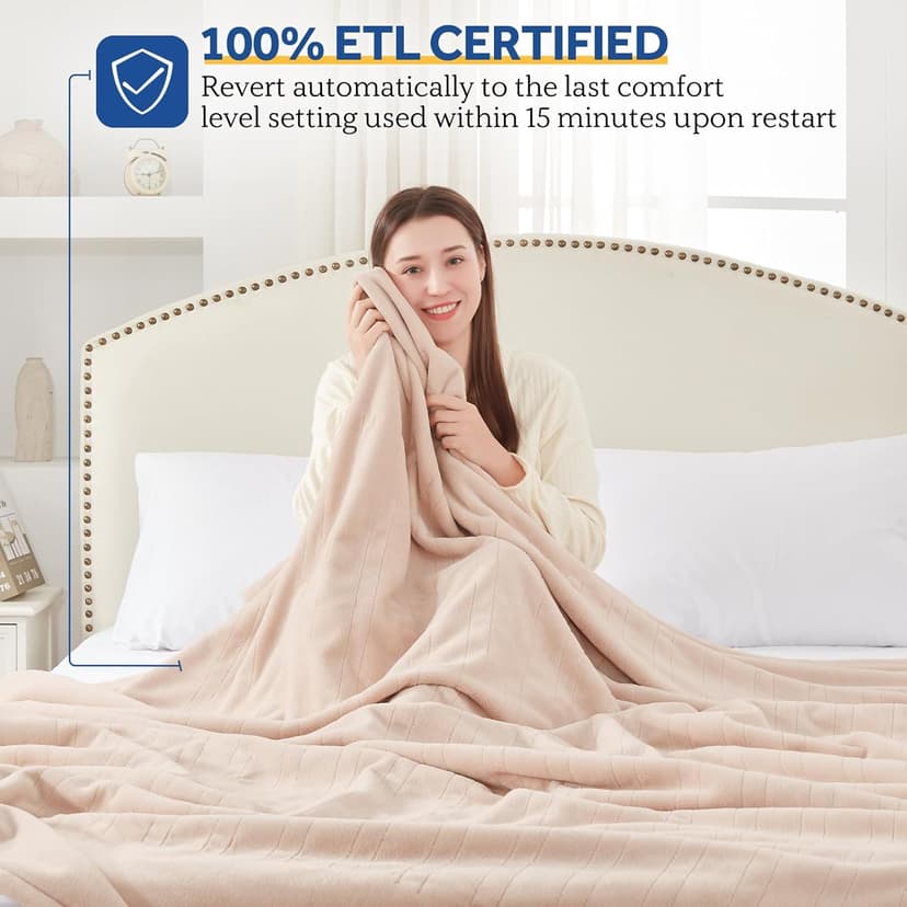 Sealy Electric Blanket Twin Size, Flannel Heated Blanket with 10 Heating Levels & 1-12 Hours Auto Shut Off, Fast Heating Warm Blanket, Machine Washable, Beige, 62 x 84 Inch