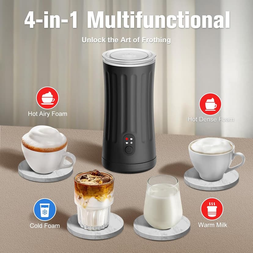 Electric Milk Frother, 4-in-1 Milk Steamer and Frother, 8.1oz/240ml Automatic Warm and Cold Foam Maker, Auto Shut-Off Frother for Coffee, Latte, Cappuccino, Macchiato(Black)