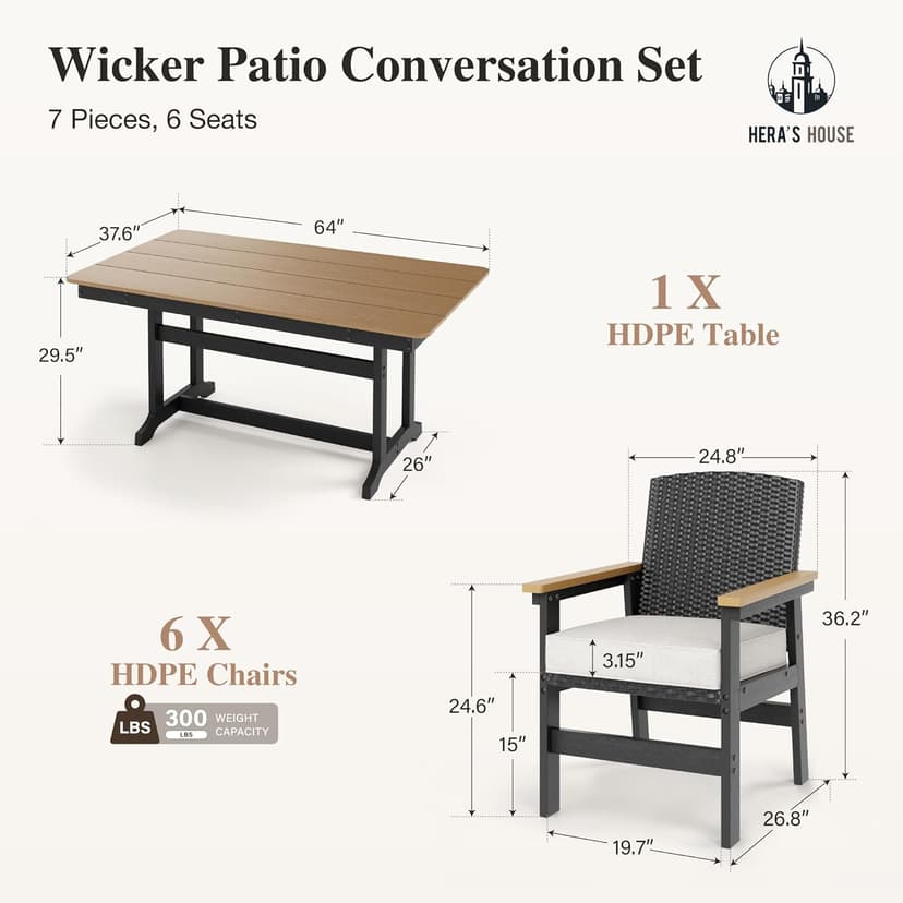 HERA'S HOUSE Patio Table and Chairs Set 7-Piece, HDPE Outdoor Dining Furniture Set with Cushions, All-Weather Wood Grain Table & Wicker Chairs for Backyard, Garden, Deck (Durable & Low Maintenance)