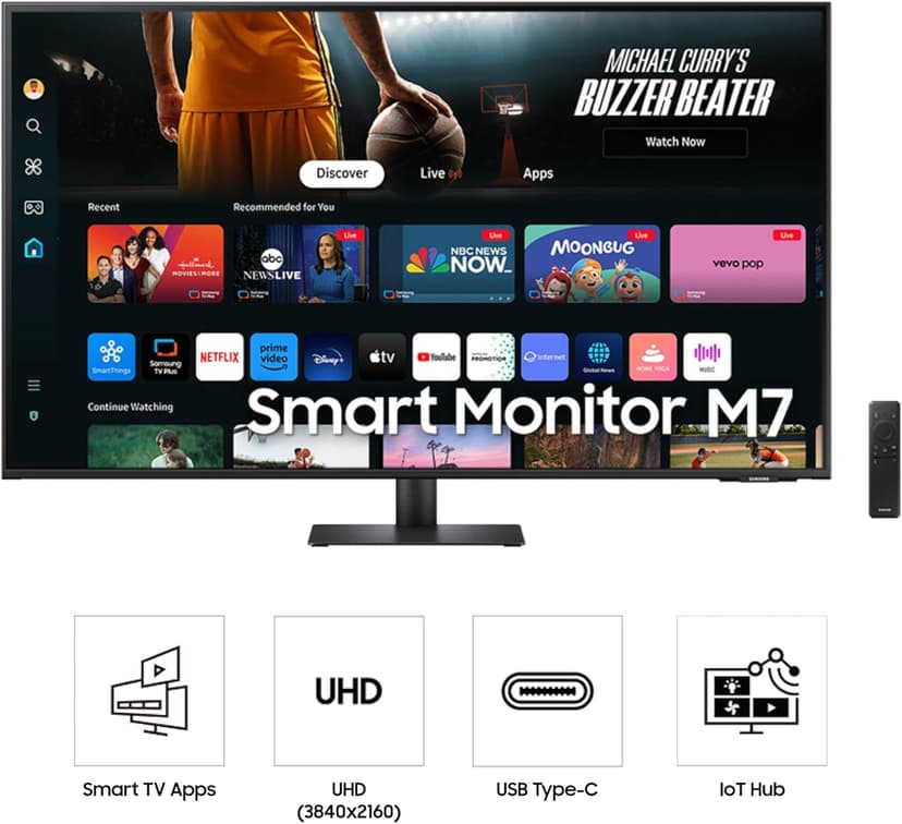 Samsung 43-Inch M7 (M70D) Series 4K UHD Smart Monitor with Streaming TV, Speakers, HDR10, USB-C, Multiple Ports, Gaming Hub, SolarCell Remote, Vision Accessibility Tools, LS43DM702UNXGO, 2024, Black