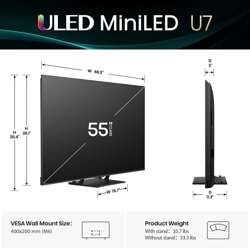 Hisense 55" Class U7 Mini-LED ULED 4K UHD Google Smart TV (55U75QG, 2025 Model) - QLED, Native 165Hz, VRR 288, Up to 3000 Nits, HDR10+, Dolby Vision IQ · Atmos, IMAX Enhanced, 2.1.2 Ch Surround