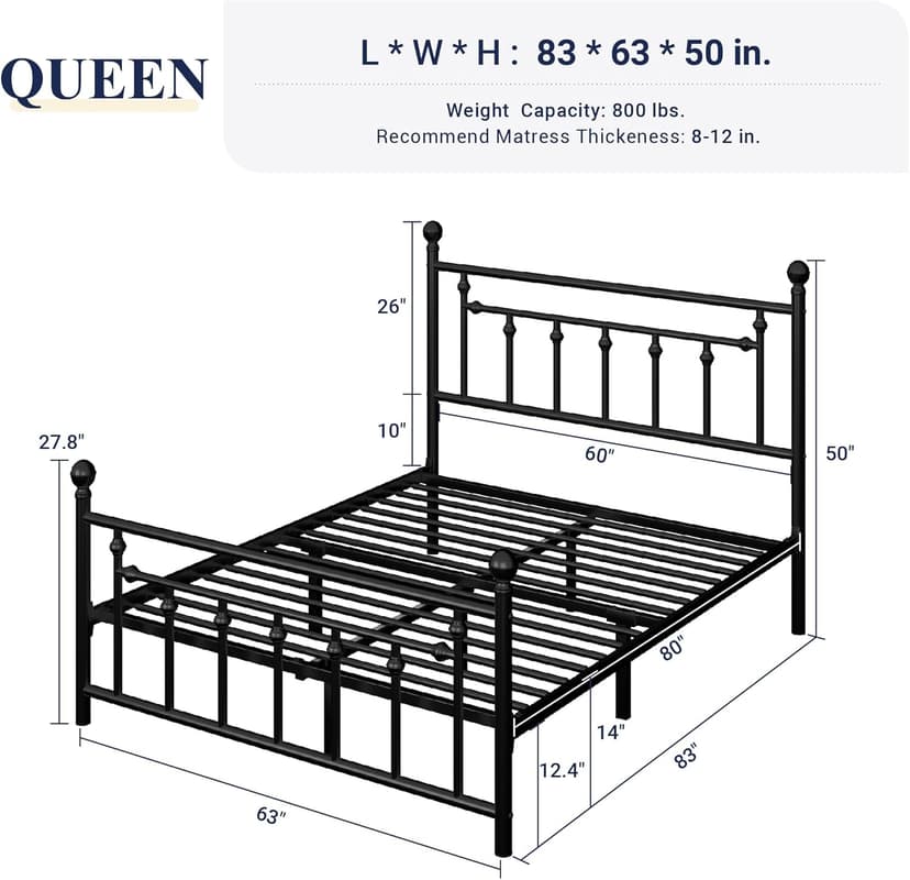 Allewie 14 Inch Queen Size Metal Platform Bed Frame with Victorian Vintage Headboard and Footboard/Under Bed Storage/No Box Spring Needed/Easy Assembly/Noise Free/Mattress Foundation/Black