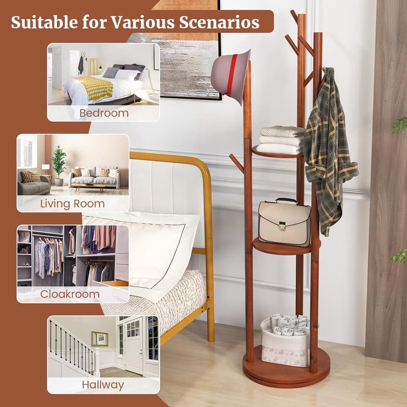 Rotary Coat Rack, Wooden Coat Rack Freestanding with 3 Shelves and 9 Hooks, Coat Tree, Sturdy and Easy Assembly Coat Rack Stand for Entryway,Hallway,Bedroom,Coats,Bags,Hats