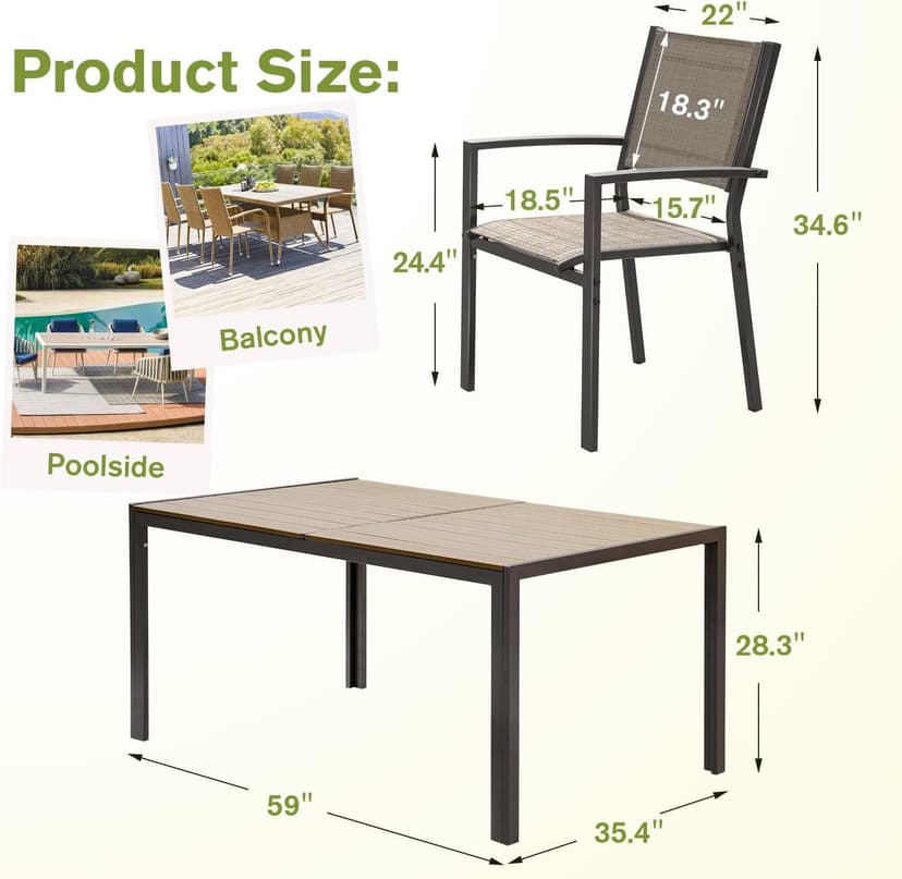 Homall Patio Dining Set 7 Pieces Outdoor Furniture with Large Table and 6 Textilene Chairs for Porch, Poolside, Yard and Garden, Brown
