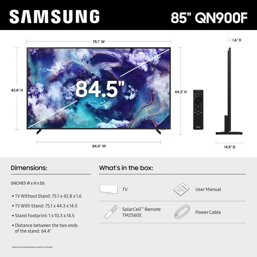 SAMSUNG 85-Inch Class Neo QLED QN900F 8K Mini LED Smart TV (2025 Model) 8K AI Upscaling, Metal Frame Design, Glare Free, Art Store, Samsung Vision AI, Alexa Built-in