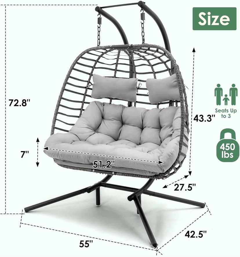 2 Person Hanging Egg Chair with Stand for Outdoor, Patio Hand Made Rattan Wicker Double Egg Swing Chairs Hammock Chair with UV Resistant Cushion and Metal Frame, Porch Swing Loveseat for Backyard