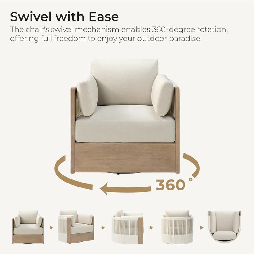 CHITA 3 Pieces Boho Patio Rattan Bistro Set, Outdoor Wicker Furniture Swivel Chairs & Side Table Set with 2 Arm Pillows, Acacia Wood Frame, Fully Assembled(Cream)