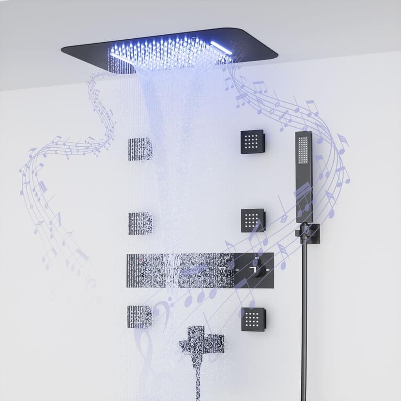 23" Full Body Thermostatic Shower System with Body Jets, Luxury LED Music Rainfall Waterfall Shower Jets System In Wall, Smart Ceiling Mount Multi Function Rain Shower Faucet Set