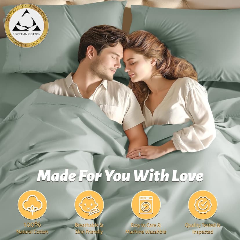 Shilucheng 100% Egyptian Cotton Queen Size Sheets Set - 1000 Thread Count，Luxury Cotton Bed Sheets，Breathable & Cooling Bedding and Pillow Cases, 16 Inch Deep Pocket - 4 Piece (Sea Glass, Queen)