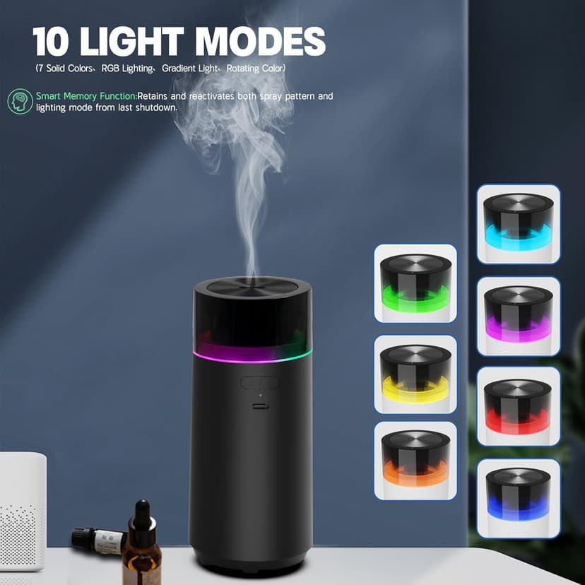 HODEMI Car Diffuser with Auto Start-Stop,Portable Humidifier with Memory Function,Battery-Powered Essential Oil Diffuser with 8-Color Ambient Ligh for Car,Home,Office,and Travel (Black)