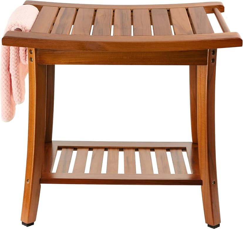 Utoplike Teak Shower Bench Seat with Handles, Portable Wooden Spa Bathing Stool with Storage Towel Shelf, 22" x 13" x 18.6", Perfect for Indoor and Outdoor Use