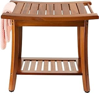 Utoplike Teak Shower Bench Seat with Handles, Portable Wooden Spa Bathing Stool with Storage Towel Shelf, 22" x 13" x 18.6", Perfect for Indoor and Outdoor Use