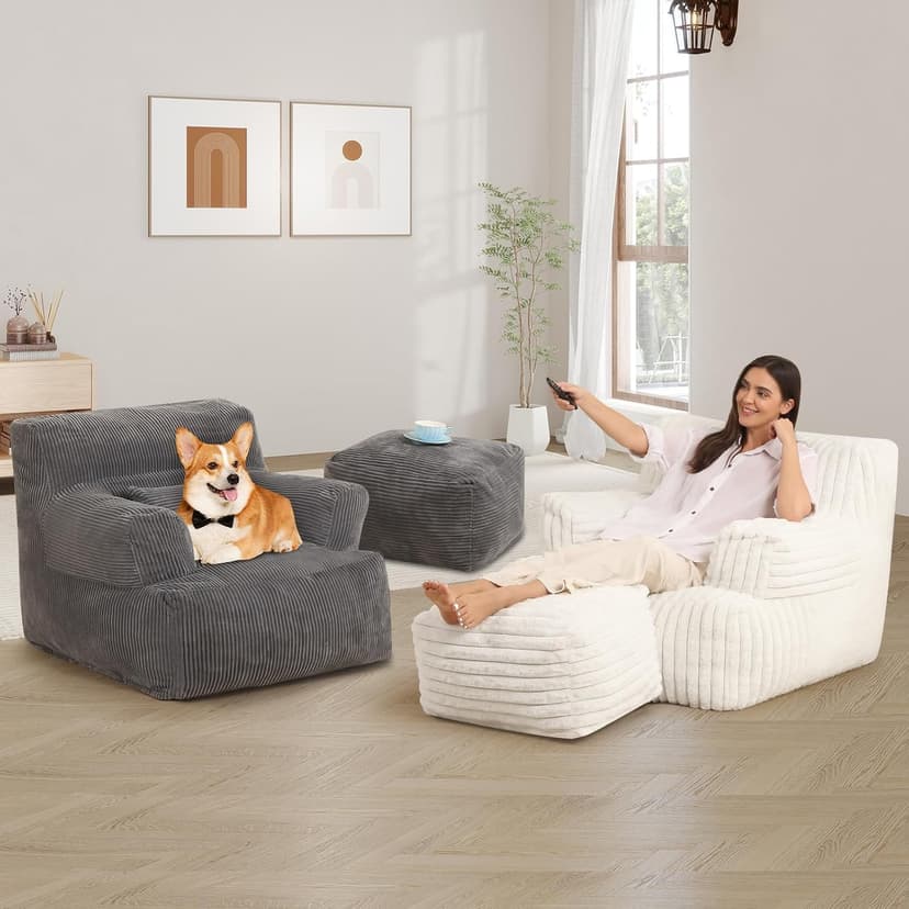 Comfy Gaint Bean Bag Chair with Ottoman, Fluffy Huge Bean Bag Armchair for Adults and Teens, Cream