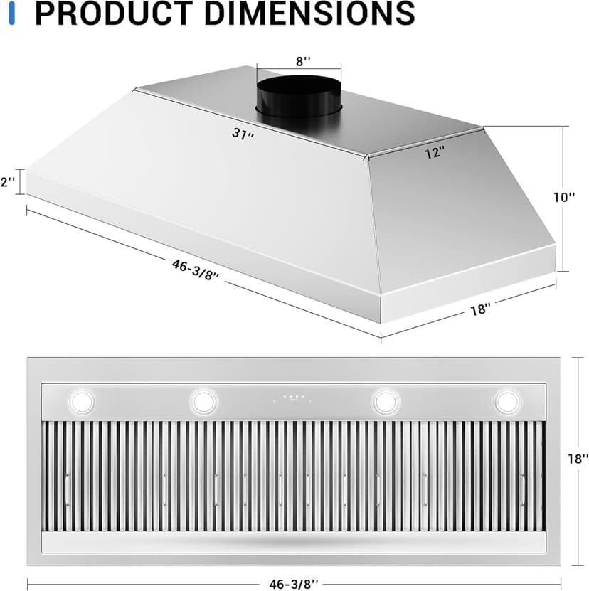 CT Copper Tailor Built-in Range Hood Insert Vent 48 Inch, 1150 CFM with 4-Speed Fan, LED Light, Dishwasher-safe Baffle Filter,Stainless Steel