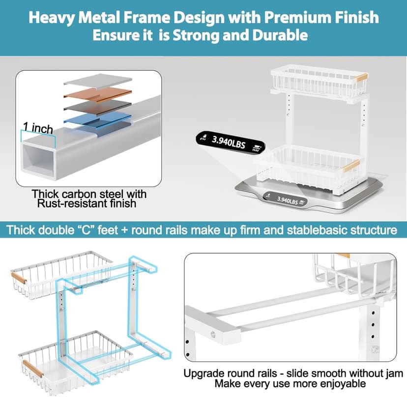 Under Sink Organizer 2 pack, 2 Tier Slide Out Under Sink Organizers And Storage, Height Adjustable Pull Out Cabinet Drawers, Kithcen Bathroom Metal Storage Caddy Shelf, White