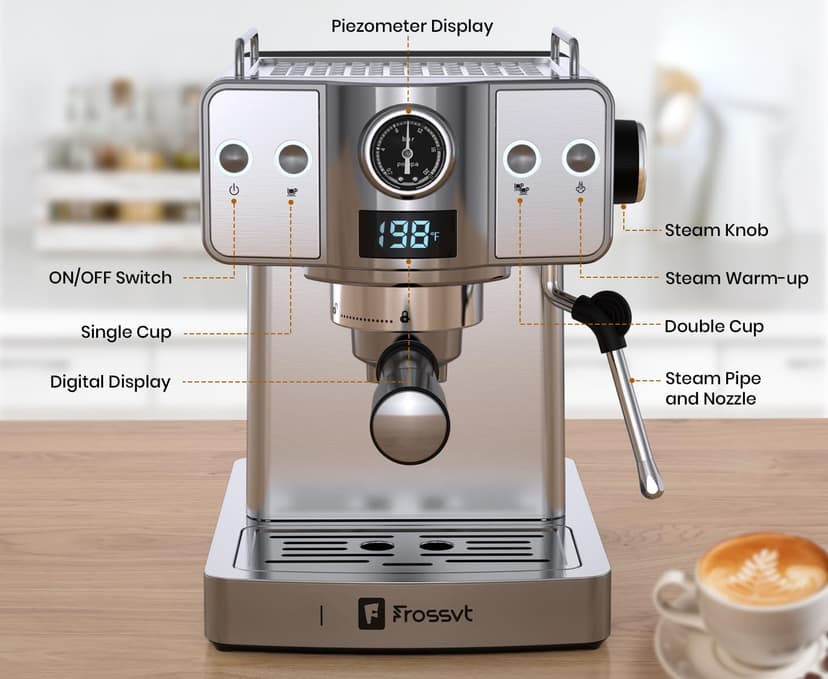 Espresso Machine 20 Bar, Milk Frother Steam Wand, 60oz (1.8 Liters) Water Tank, 1350W for Home Barista Espresso Latte Macchiato and Cappuccino Maker