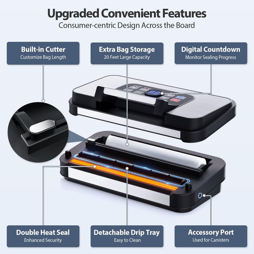 95Kpa Powerful Precision Pro Vacuum Sealer, with 10-in-1 Functions, Easy-Lock Handle, Double Heat Seal & Double Pump, Vacuum Sealer Machine for Food with Bags Storage, Built-in Cutter, Stainless Steel