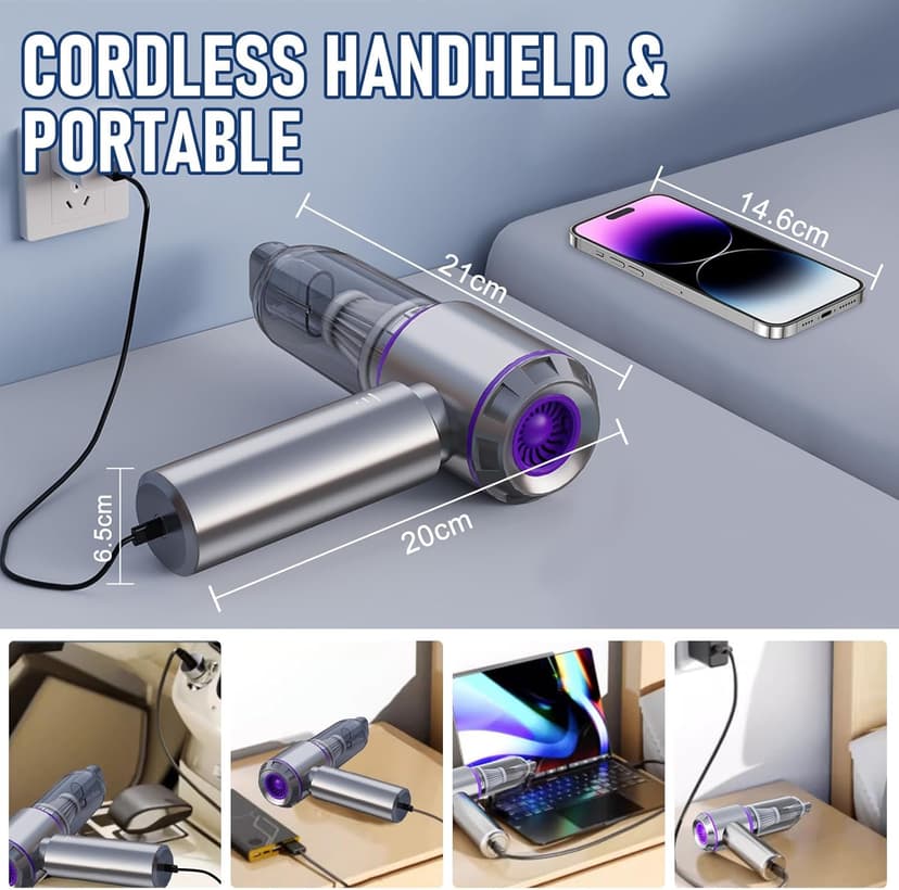 Car Vacuum Portable Cordless 20000PA High power Mini Vacuum Cleaner 4-in-1 Compressed Air Duster & Air Blower & Pump Hand Held Vacuum with Brushless Motor for Car, Home, Office,Camping (Purple)
