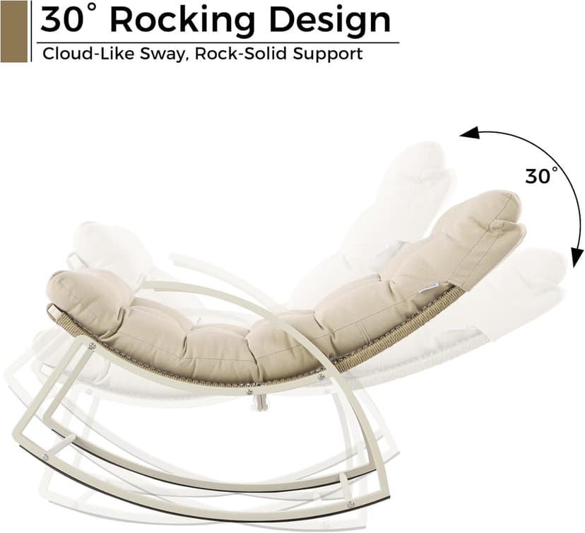 IRONCK Patio Rocking Chair, Outdoor Rocking Chair with Armrest and Cushion, Handwoven Twisted Rattan Rocker for Indoor Living Room Balcony Garden Porch, Beige