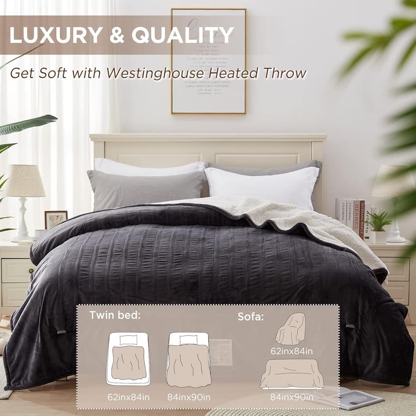 Westinghouse Heated Blanket Twin Size, Soft Flannel to Sherpa Electric Blanket with 10 Heating Levels, 12 Hours Auto Off, Fast Heating, Machine Washable, 62x84 Inch, Charcoal