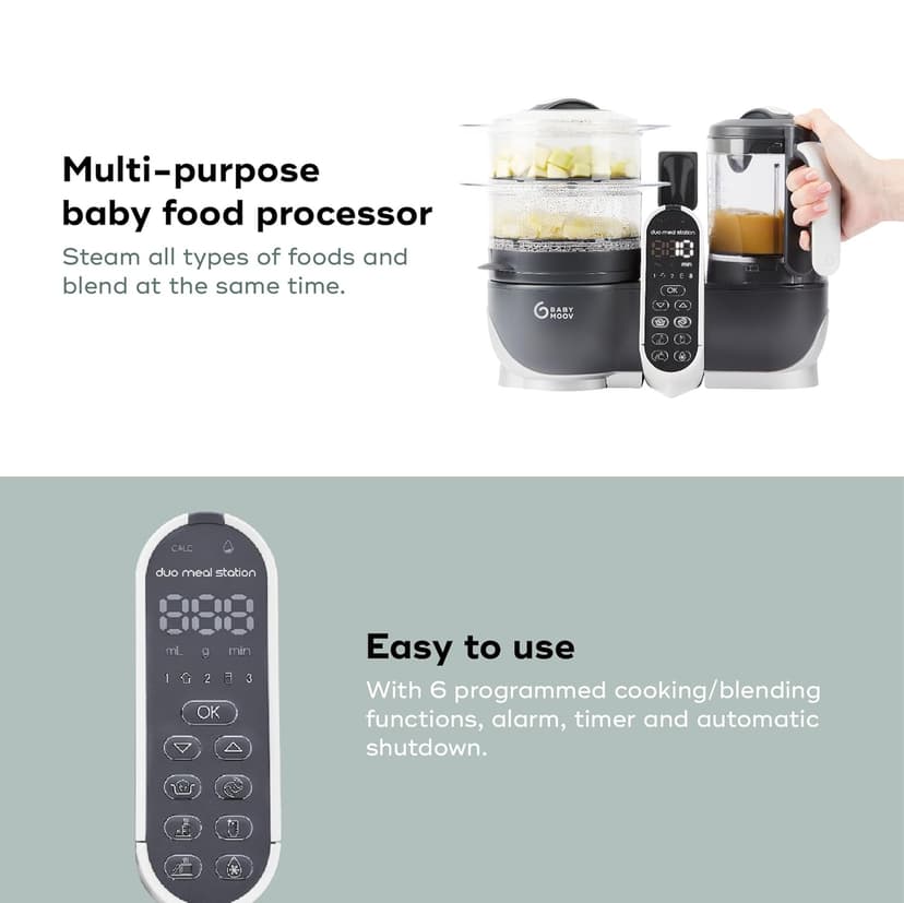 Babymoov Duo Meal Station Grey: Multi-Speed Baby Food Maker Steamer and Puree Blender, Baby Food Processor that warms & defrosts (Nutritionist Approved)