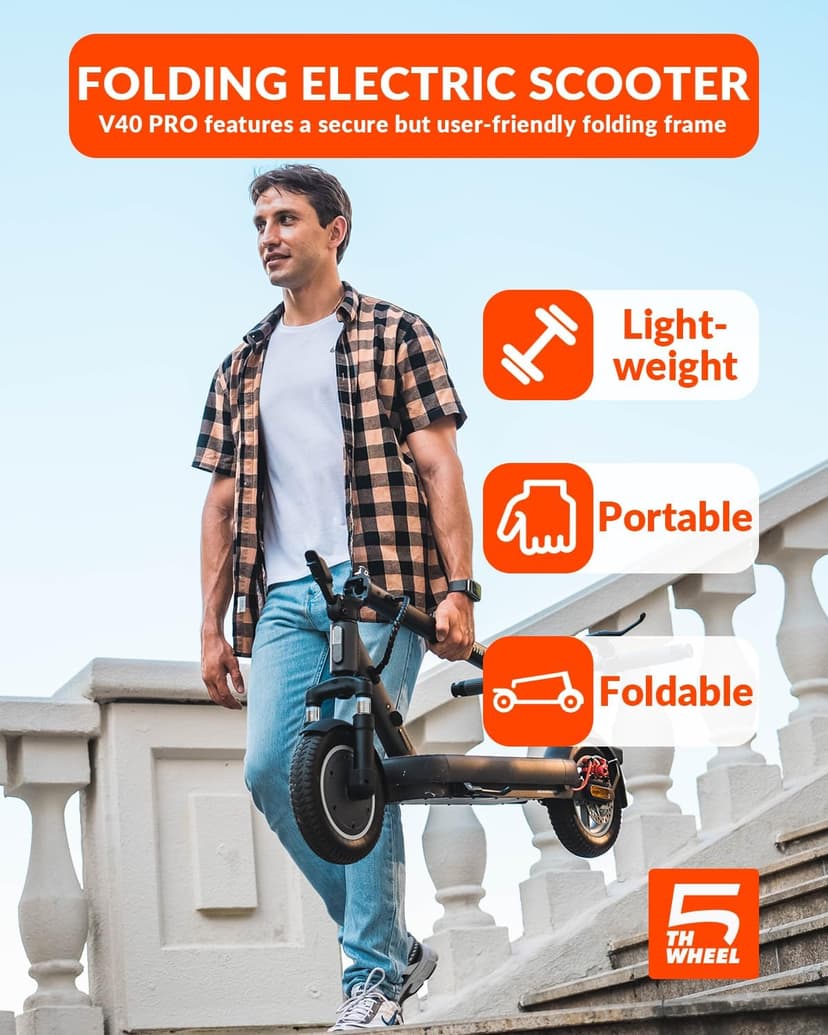 5TH Wheel V40 PRO Electric Scooters, 48V 800W Peak Motor & 20 MPH, 24.9 Miles Range, 10" Solid Tires, Front-N-Rear Suspension and Ambient Light, Folding Sport Scooters with Dual Brake System and APP